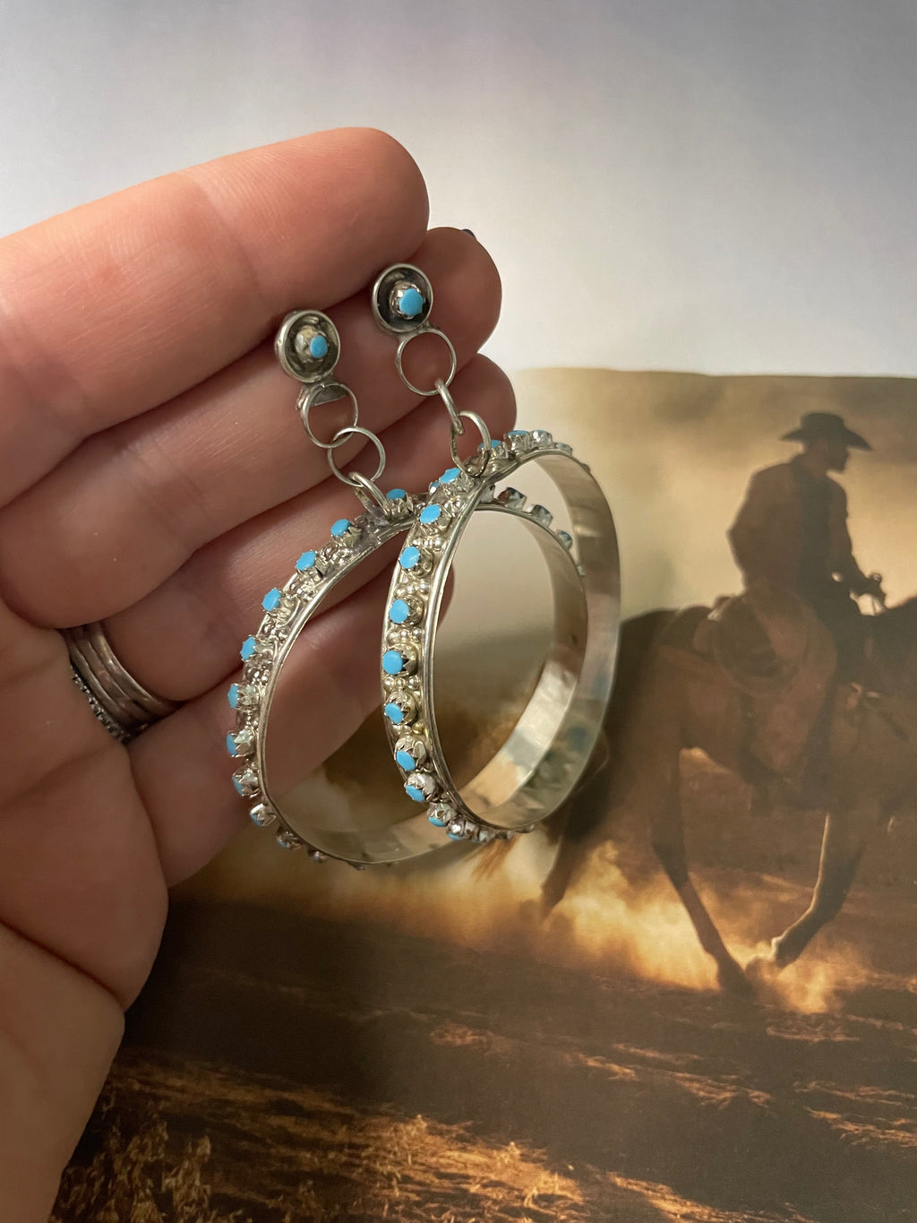 Handcrafted Sterling Silver And Turquoise Hoop Earrings