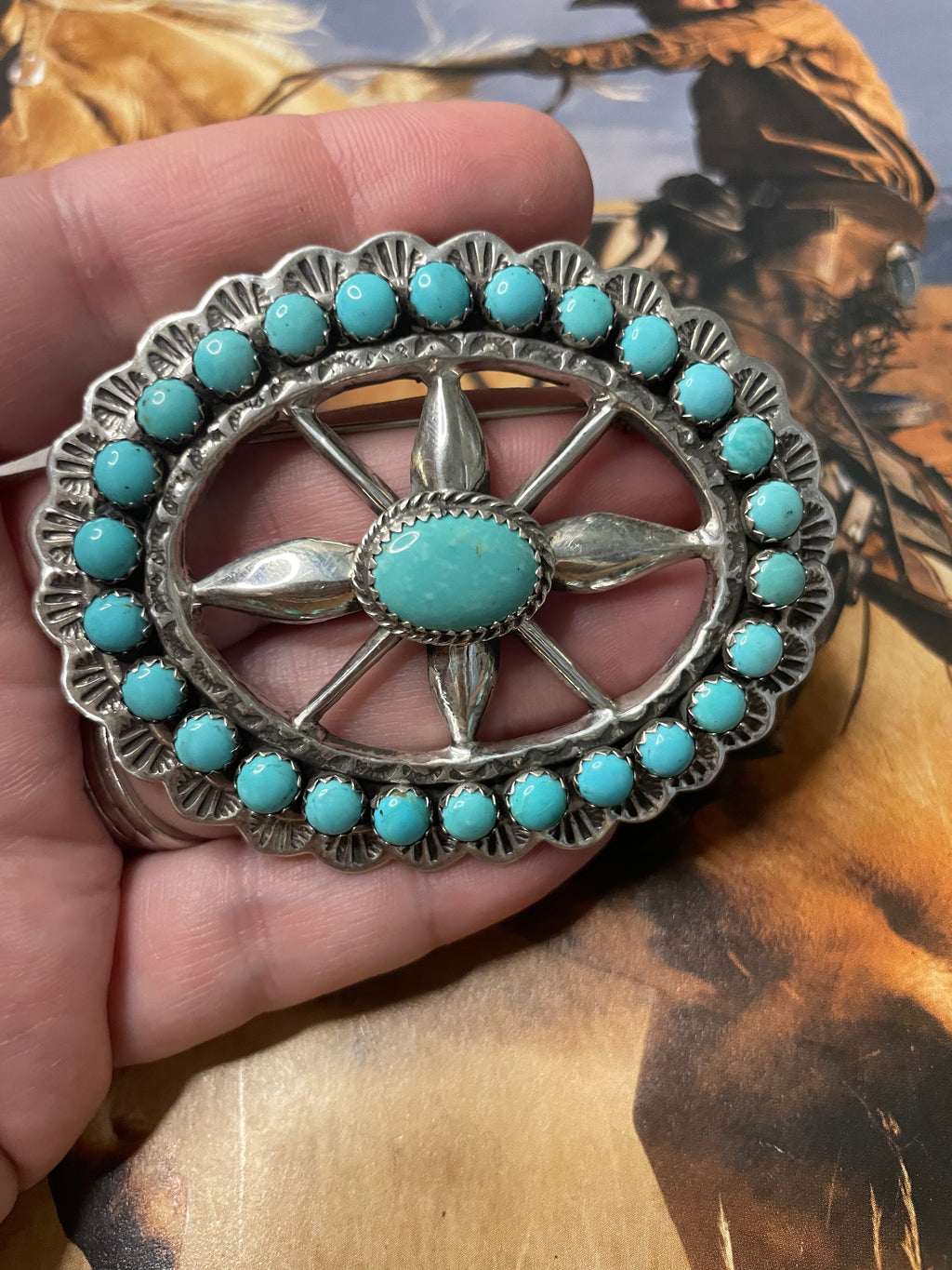 Handcrafted Turquoise And Sterling Silver Pendant Pin Signed