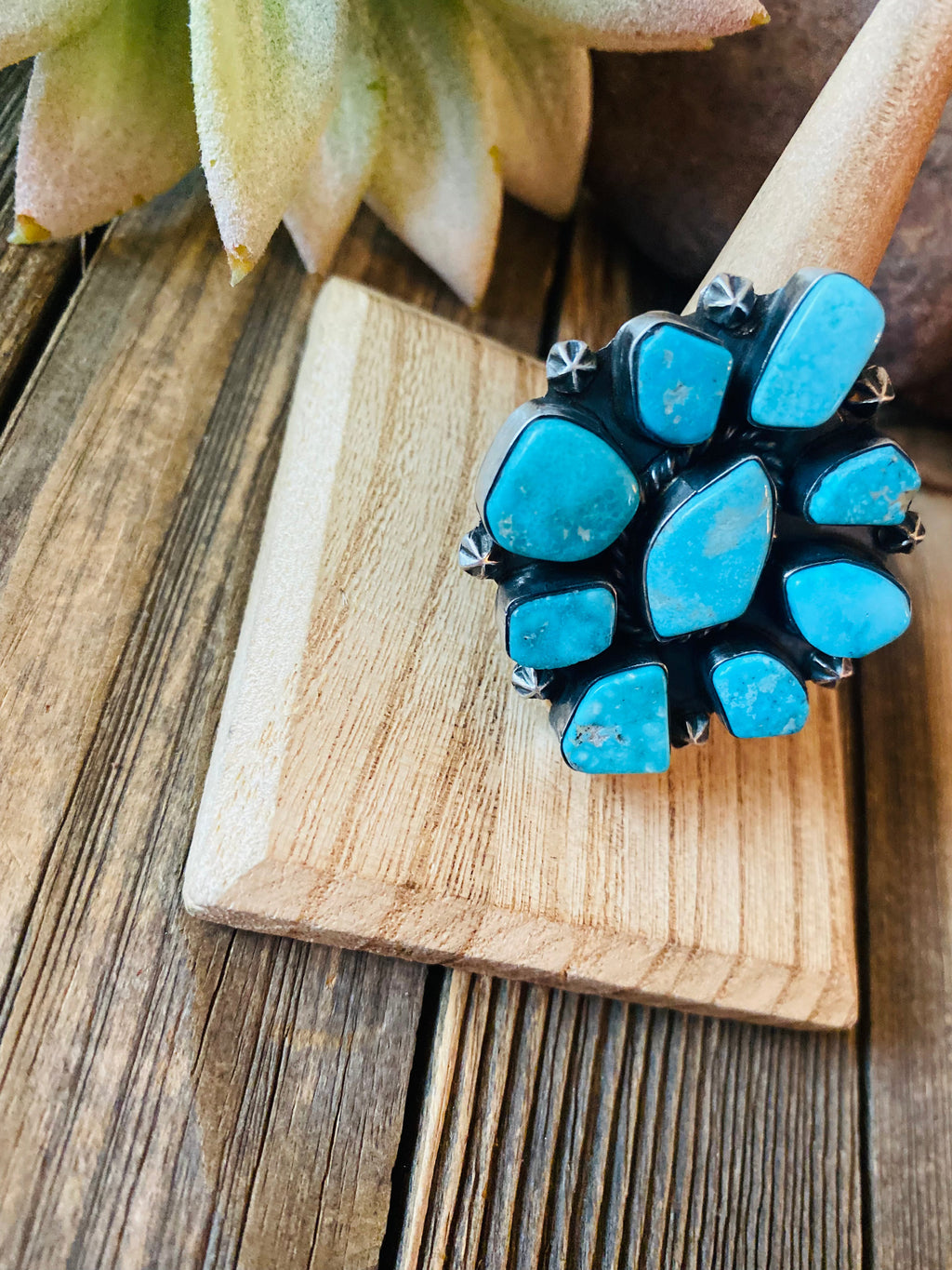 Handcrafted Kingman Turquoise & Sterling Silver Cluster Ring Size 8.5