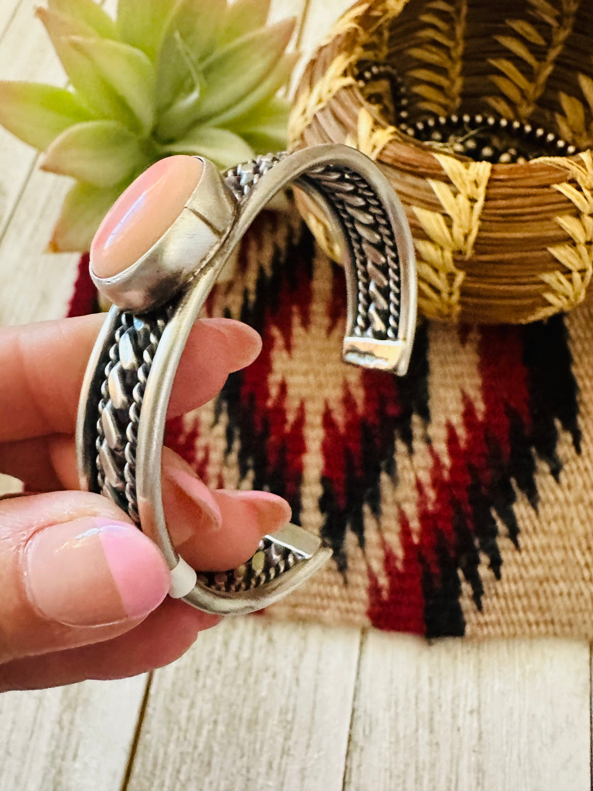 Handcrafted Queen Pink Conch Shell & Sterling Silver Cuff Bracelet
