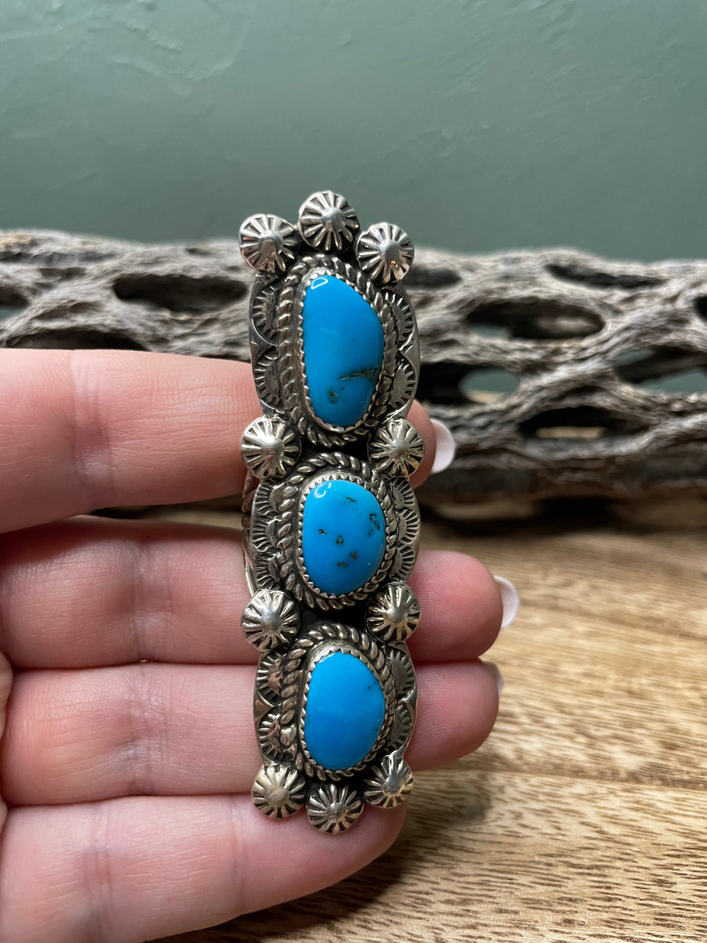 Handcrafted Turquoise And Sterling Silver Statement Ring Sz 7