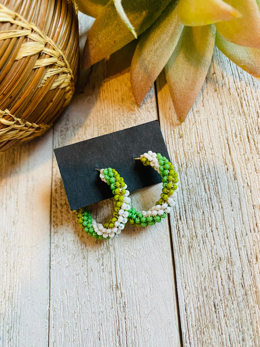 Handcrafted Handmade Beaded Hoop Earrings- green