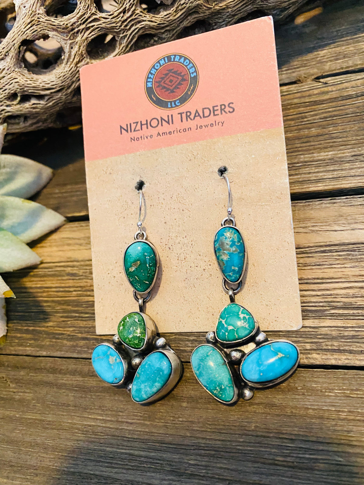 Handcrafted Multi Turquoise & Sterling Silver Cluster Dangle Earrings