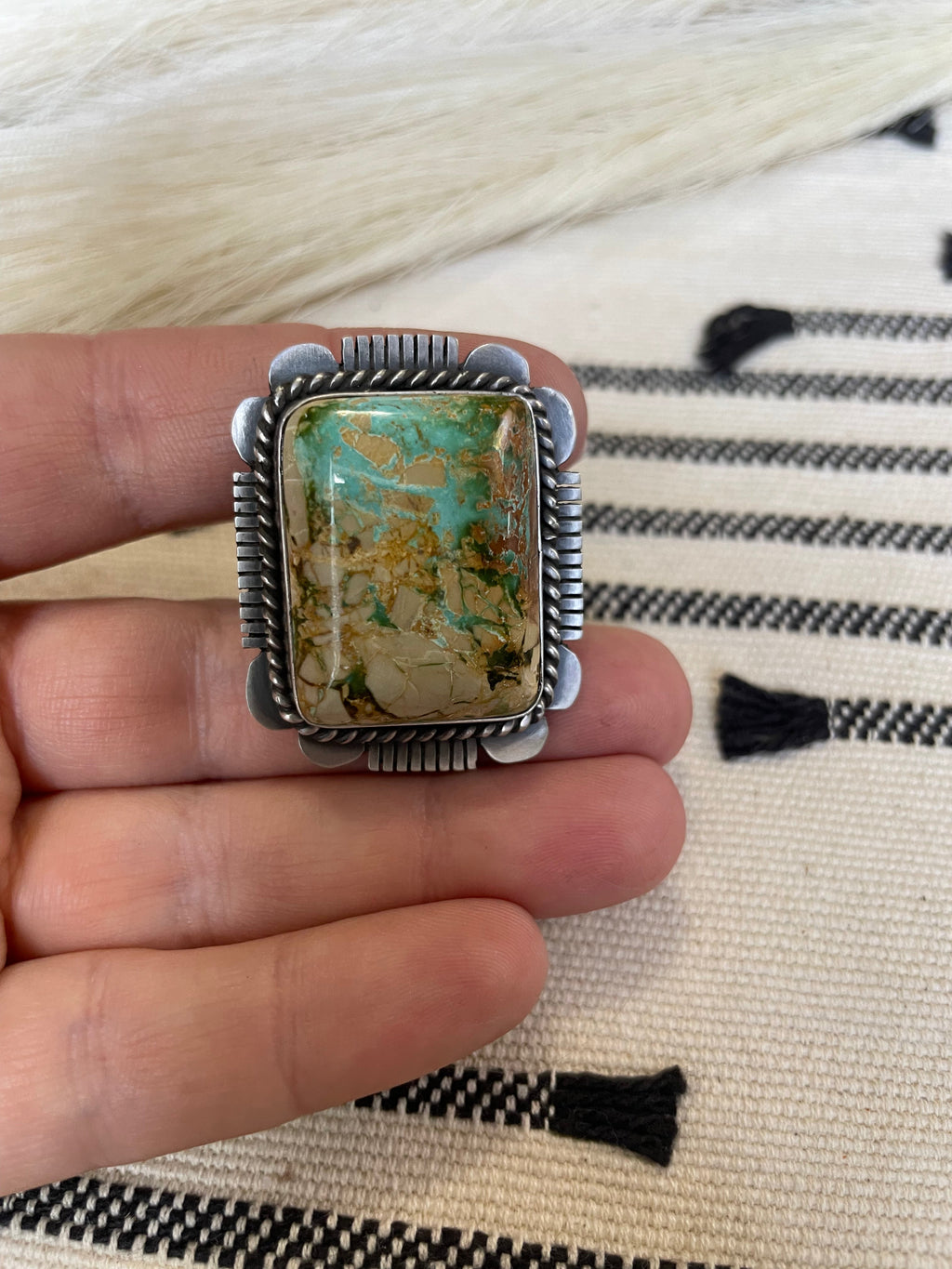 Handcrafted Turquoise & Sterling Silver Ring Size 7 Signed Russell Sam