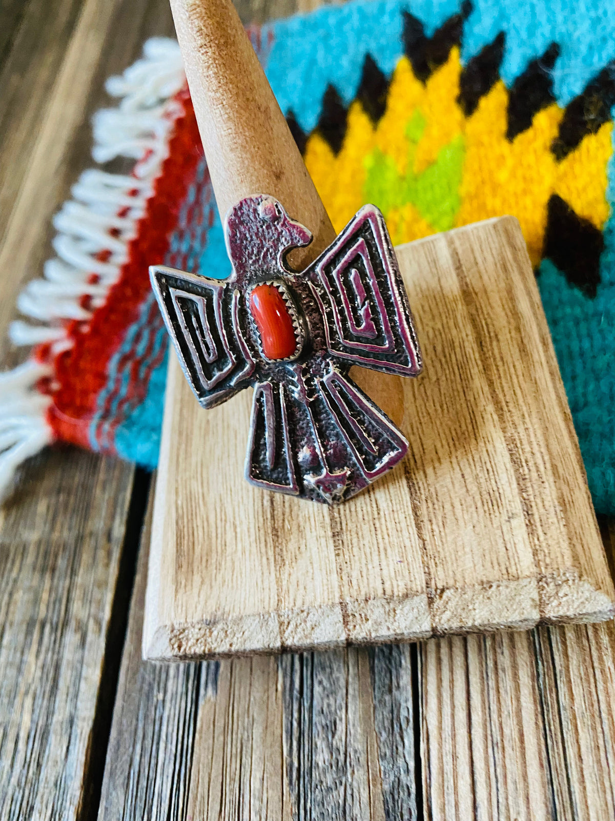 Handcrafted Sterling Silver & Coral Thunderbird Ring