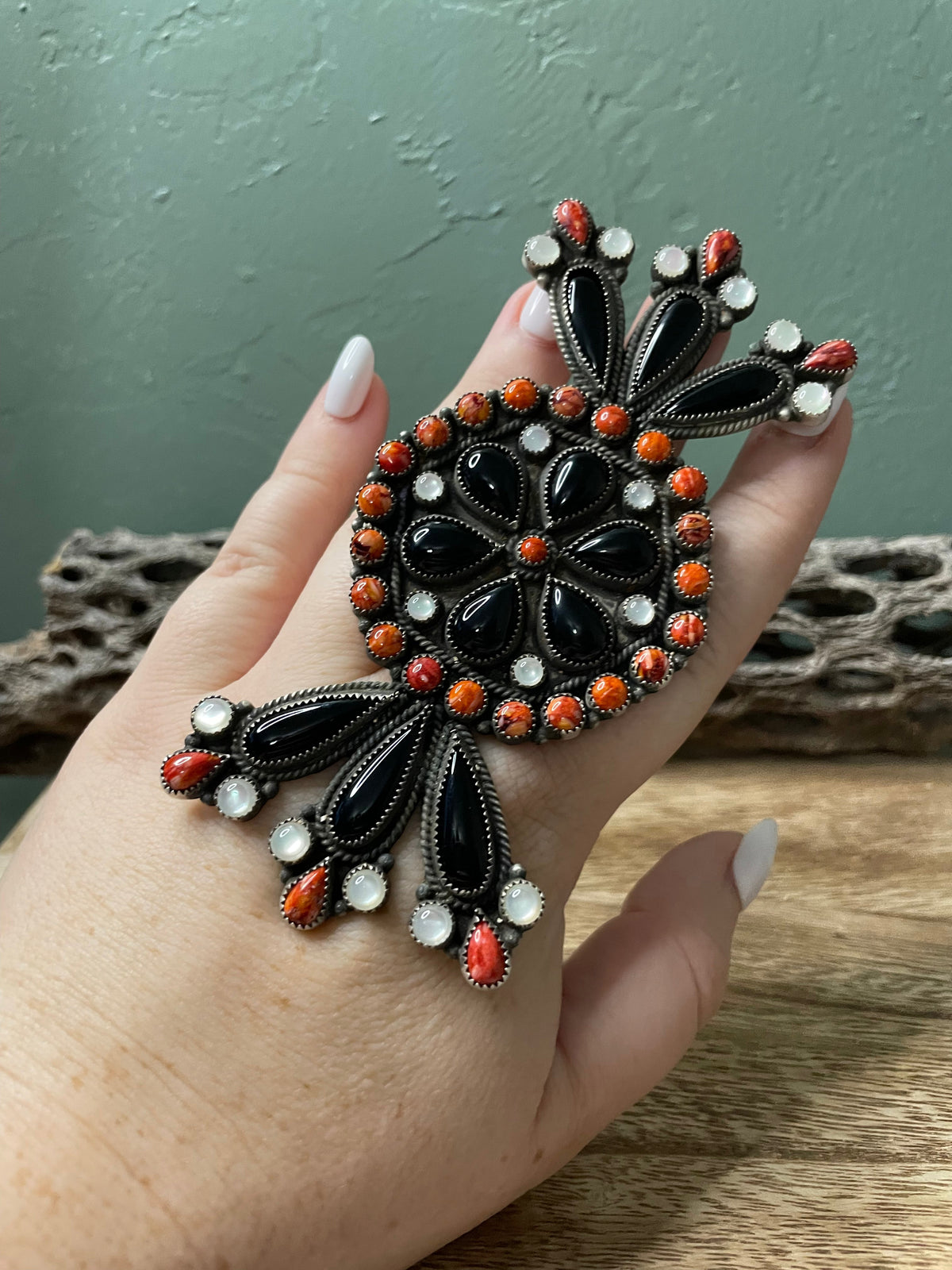 Handcrafted Sterling Silver Black Onyx And Orange Spiny Statement Ring Size 8 By Devon Brown