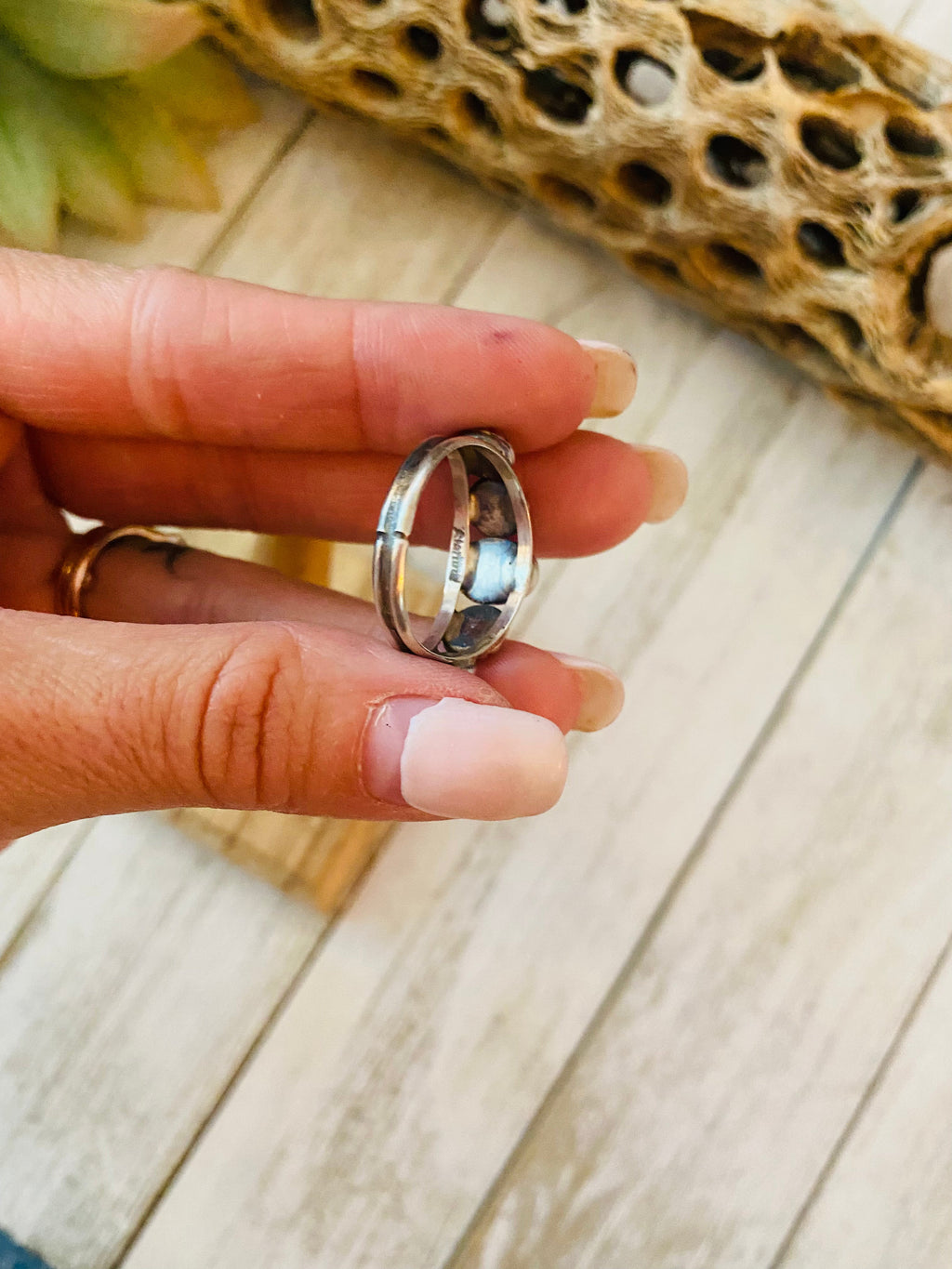 Handcrafted Blue Opal and Sterling Silver Concho Band Ring