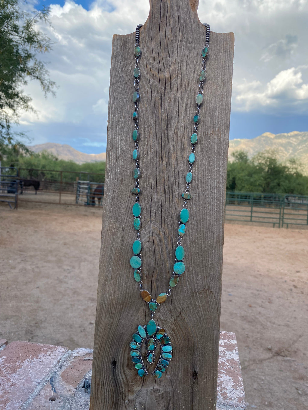 Handcrafted Sterling Silver & Royston Turquoise Drop Necklace Signed