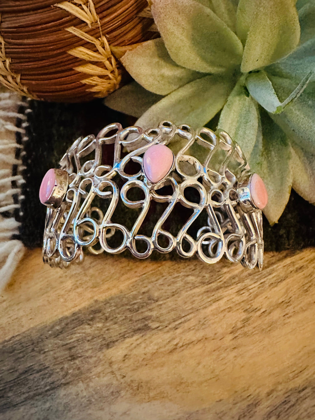 Handcrafted Queen Pink Conch Shell & Sterling Silver Cuff Bracelet
