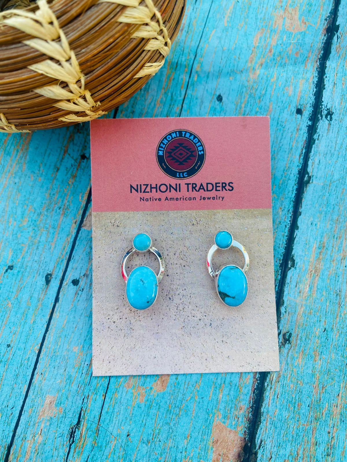 Handcrafted Kingman Turquoise & Sterling Silver Post Earrings Signed