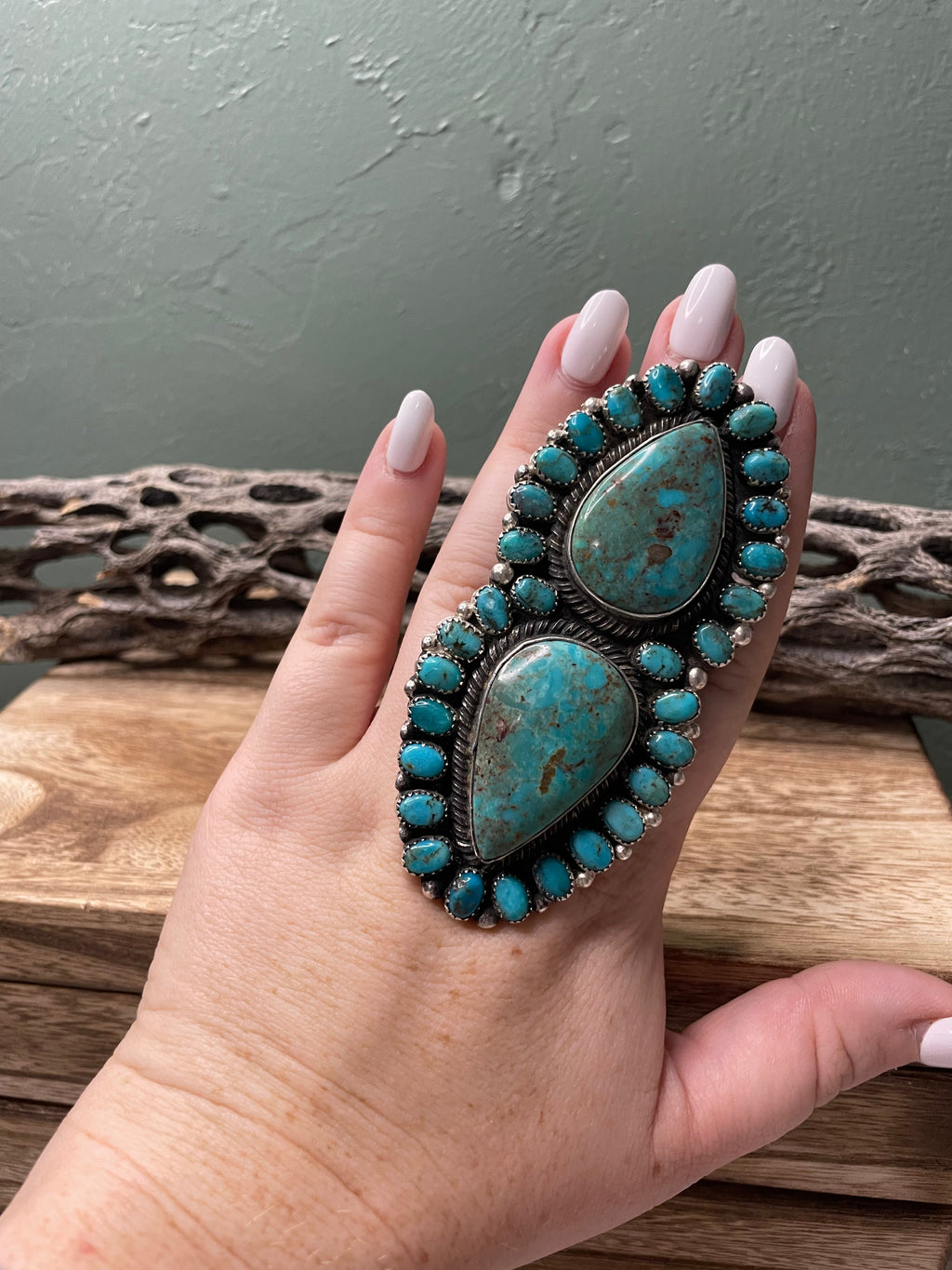 Handcrafted Sterling Silver And Turquoise Statement Ring Size 9