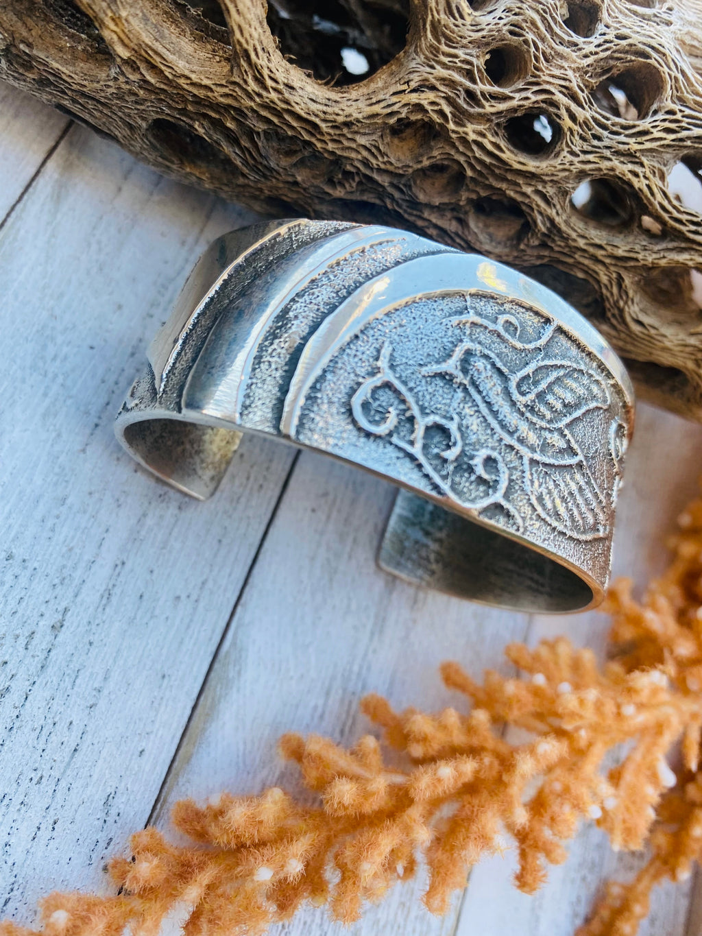 Handcrafted Vintage Sterling Silver Tufa Cast Hummingbird Cuff Bracelet