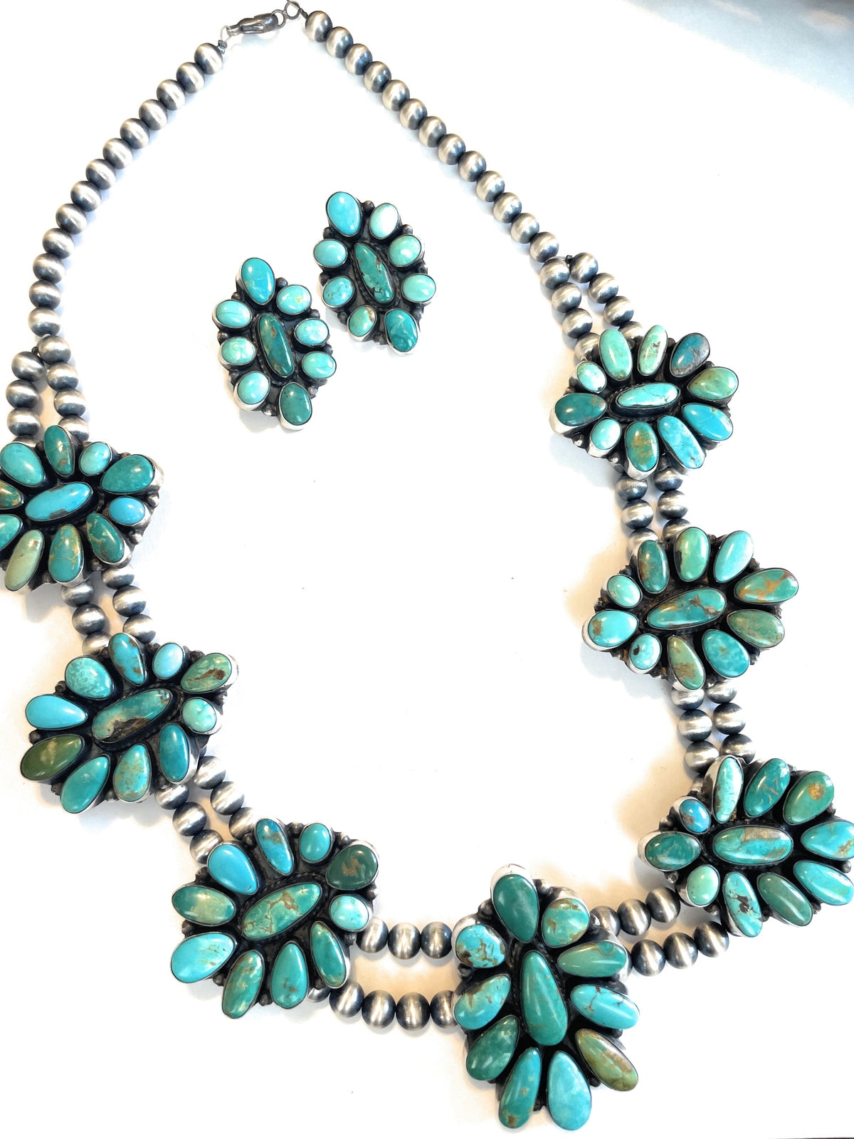 Handcrafted Beaded Sterling Silver & Royston Turquoise Necklace & Earring Set by Ella Peter