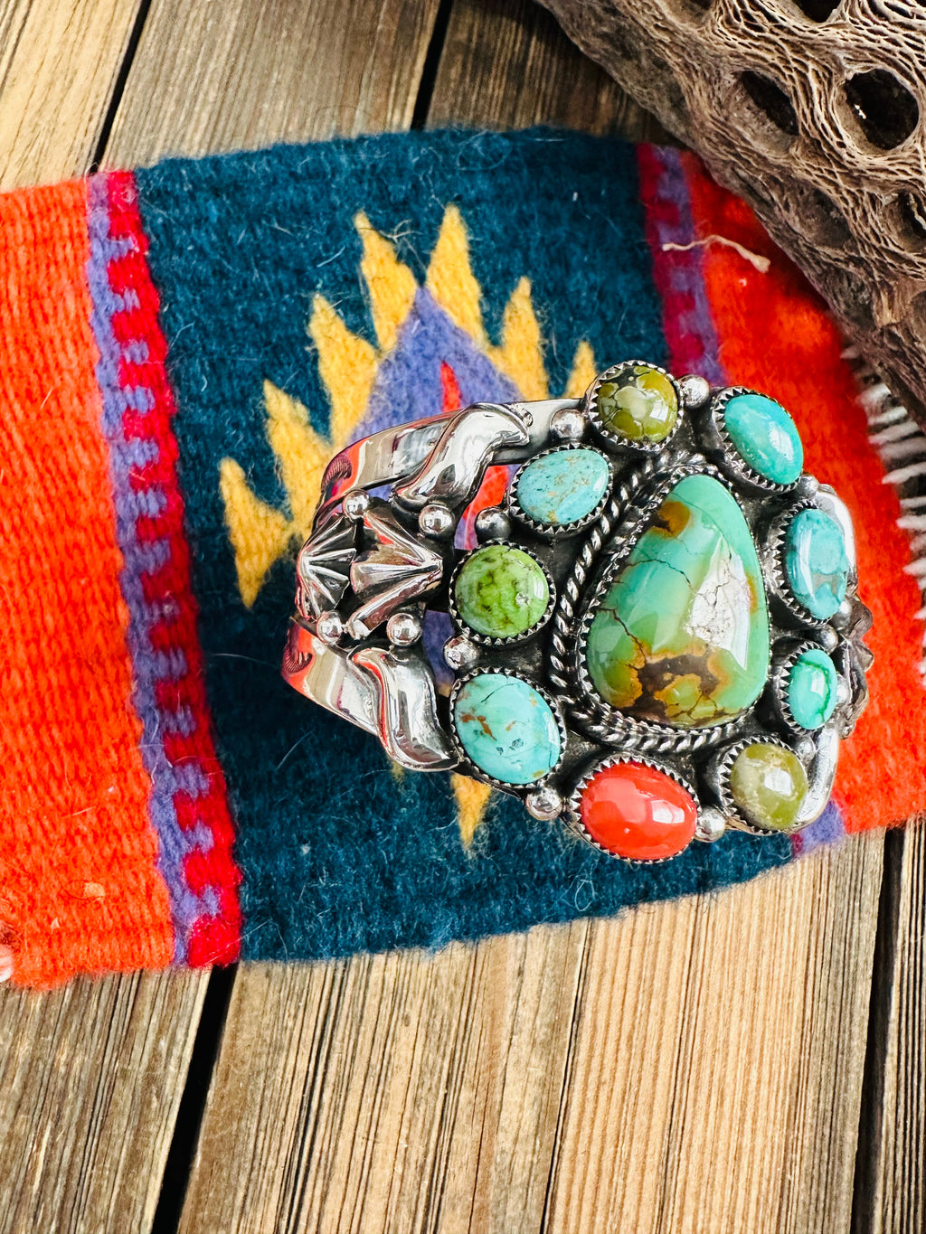 Handcrafted Old Pawn Turquoise, Coral & Sterling Silver Cuff Bracelet /