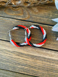 Handcrafted Handmade Beaded Hoop Earrings- red, black
