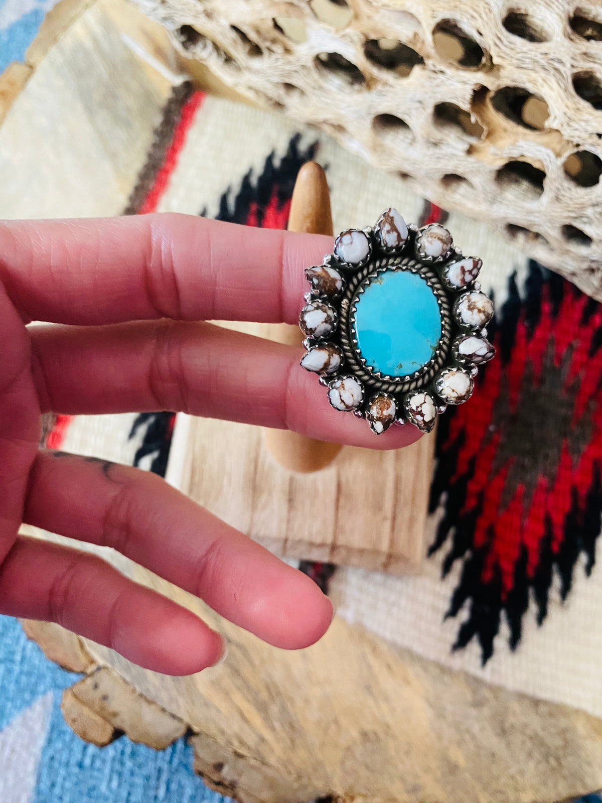 Handmade Sterling Silver, Wild Horse & Turquoise Cluster Adjustable Ring