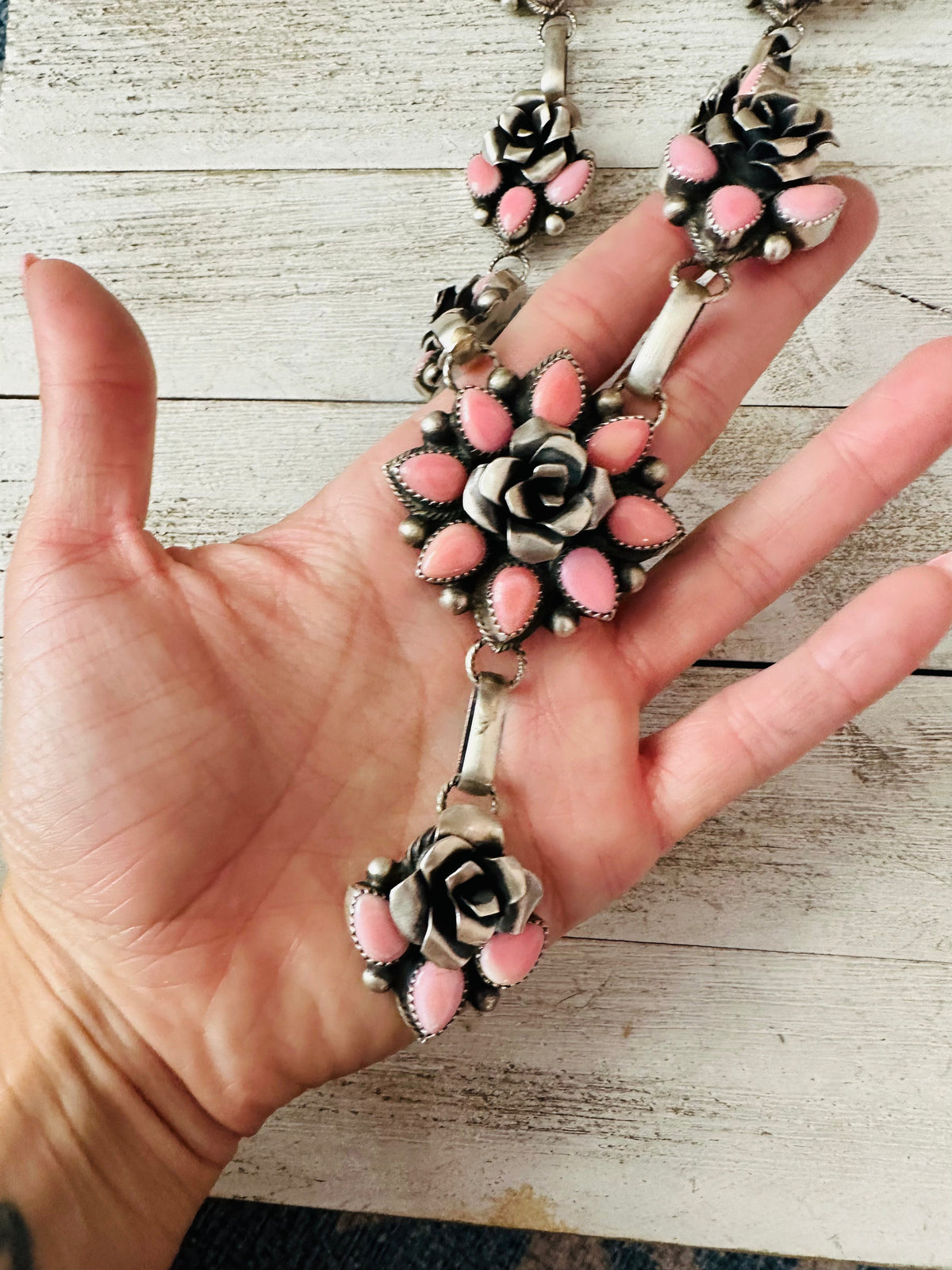 Handcrafted Sterling Silver & Queen Pink Conch Shell Flower Necklace