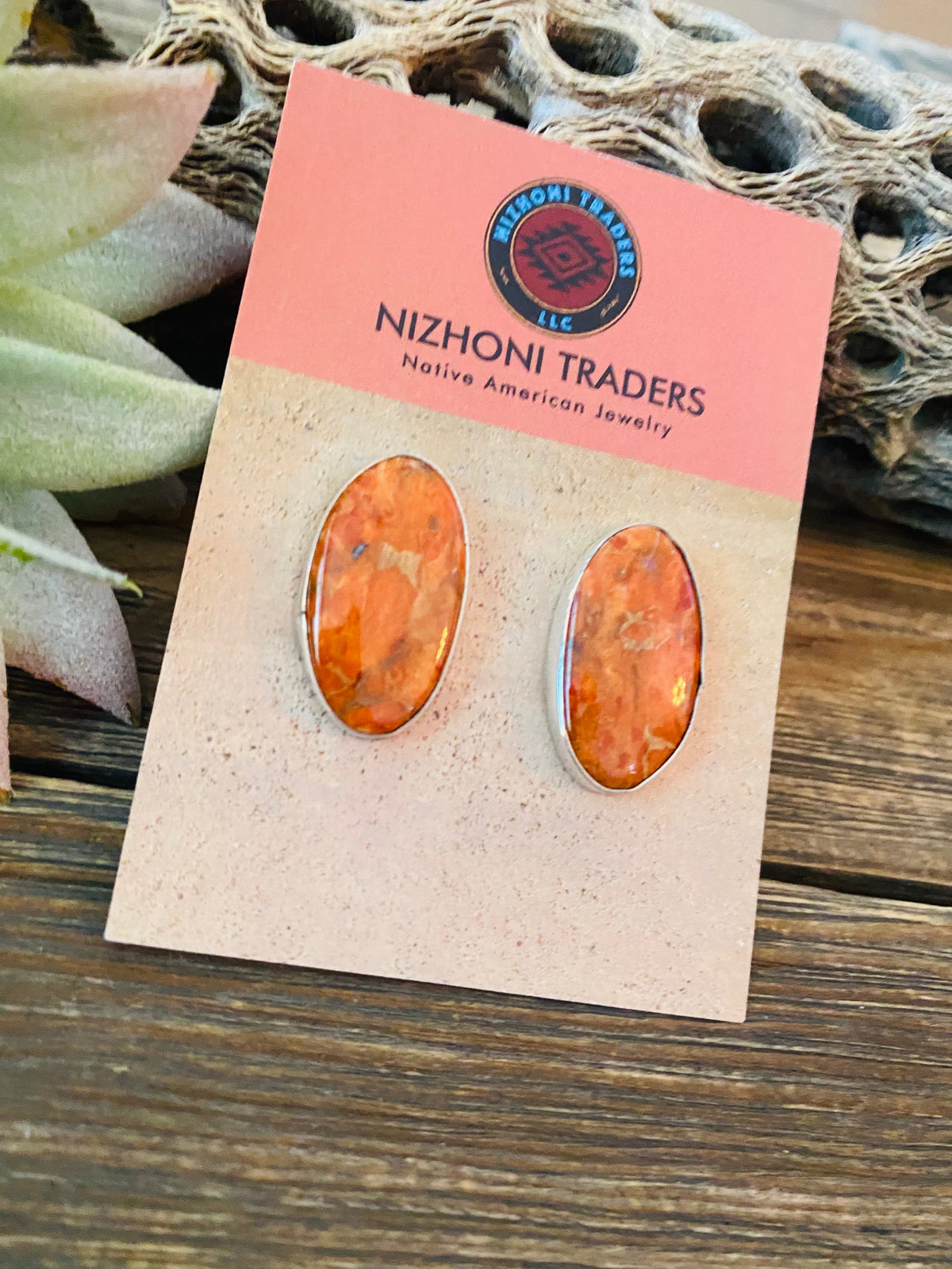 Handcrafted Sterling Silver & Orange Spiny Post Earrings 1.1/8”