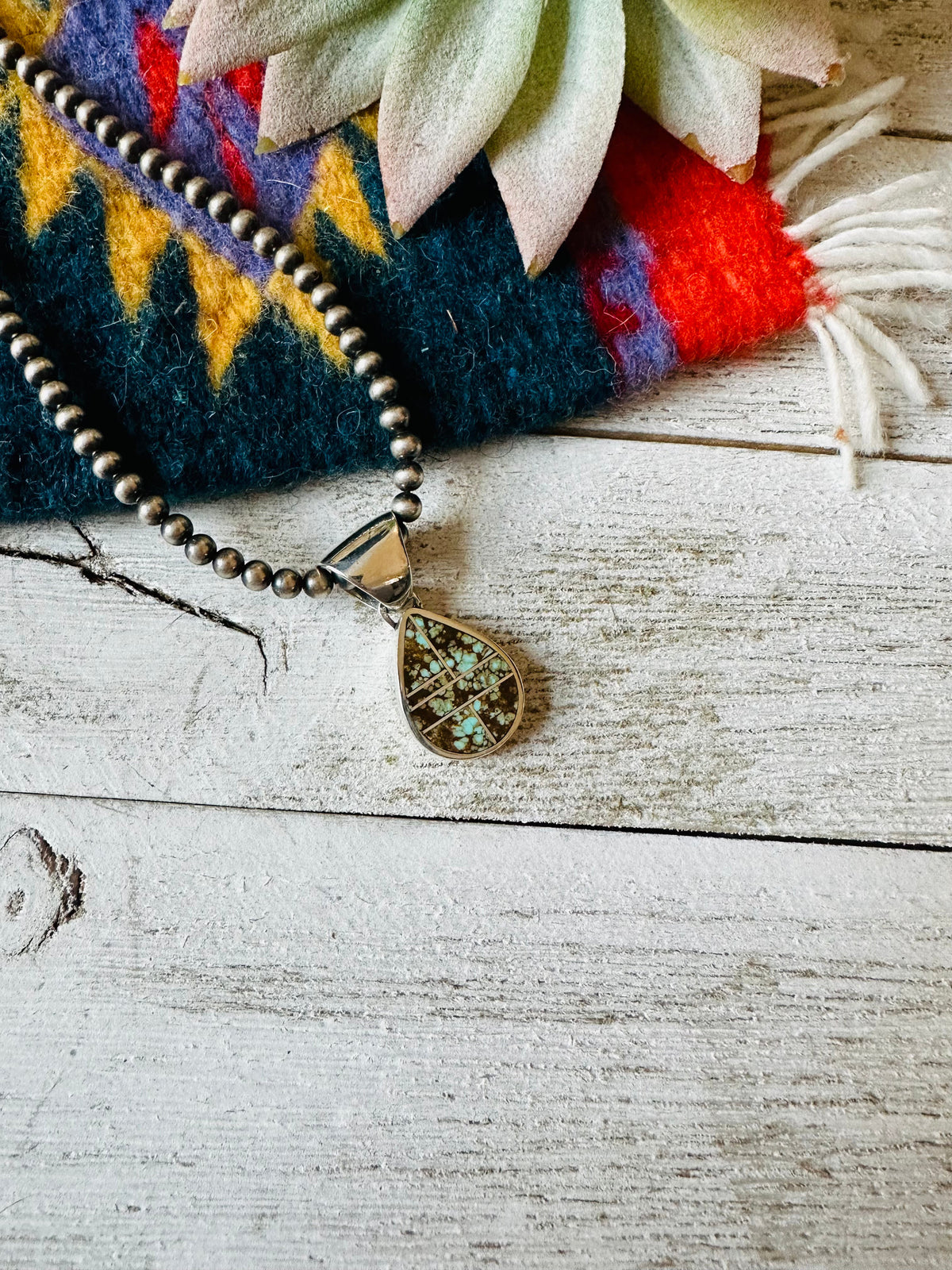 Handcrafted Number 8 Turquoise & Sterling Silver Teardrop Inlay Pendant