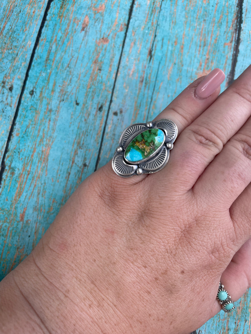 Handcrafted Sonoran Mountain Turquoise And Sterling Silver Statement Ring Size 7