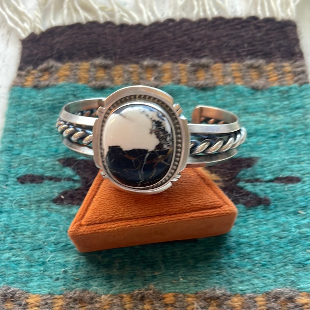Beautiful Handcrafted White Buffalo & Sterling Silver Cuff Bracelet Signed
