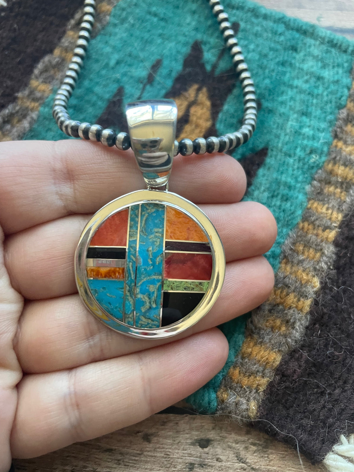 Handcrafted Multi Stone Inlay & Sterling Silver Circle Pendant