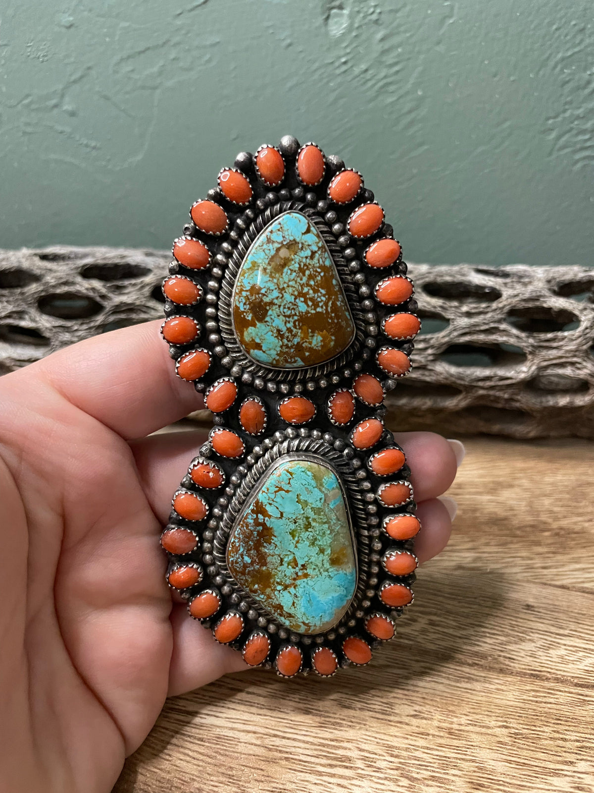 Handcrafted Sterling Silver Turquoise And Orange Spiny Statement Ring Sz 10
