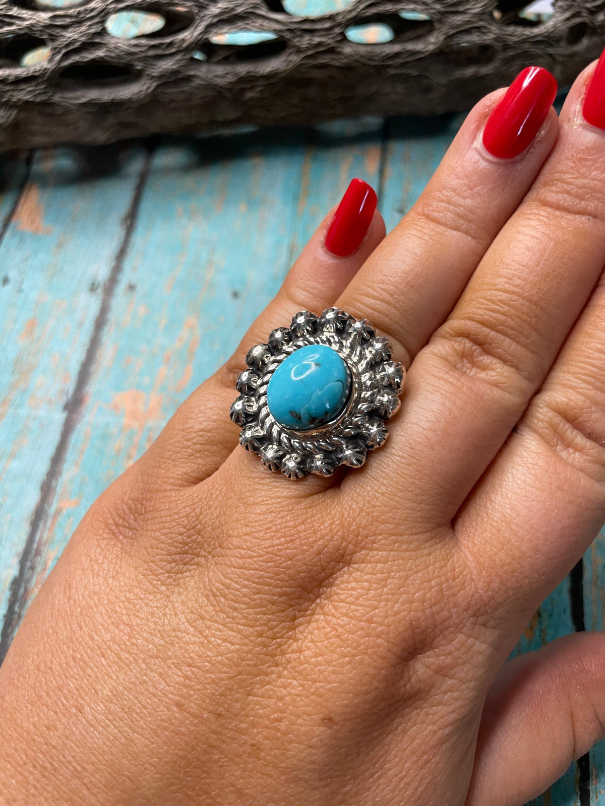 Old Pawn Handcrafted Sterling Silver & Turquoise Ring Size 7.5