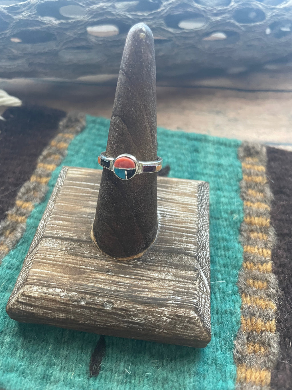 Handcrafted Sterling Silver & Multi Stone Inlay Ring Size 7.5