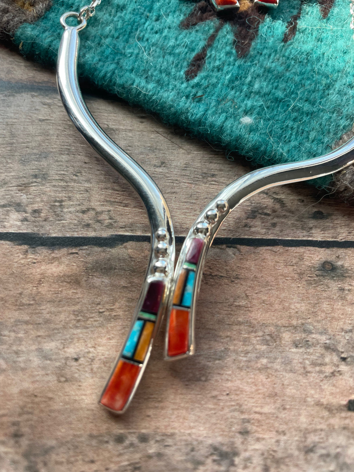 Handcrafted Sterling Silver & Multi Stone Inaly Necklace Earrings Set Signed