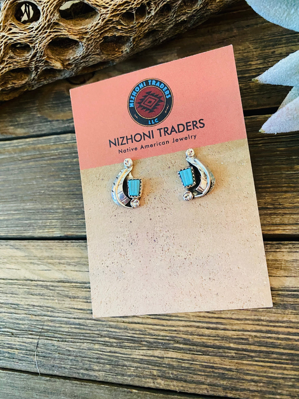 Handcrafted Sterling Silver & Turquoise Feather Stud Earrings Signed