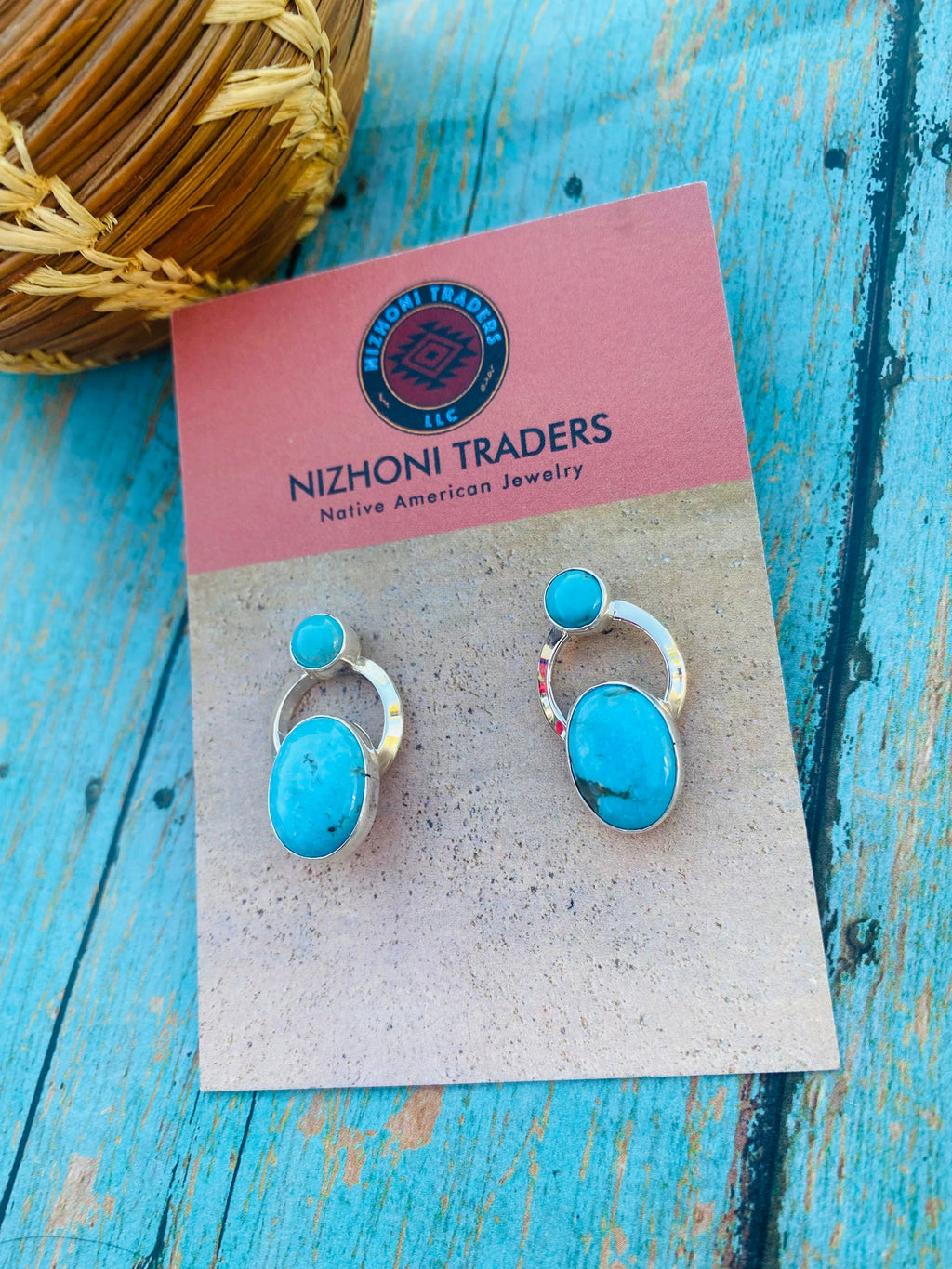 Handcrafted Kingman Turquoise & Sterling Silver Post Earrings Signed