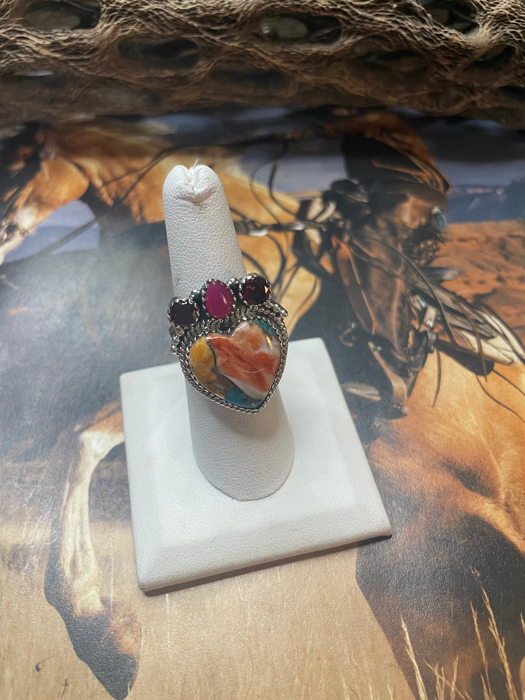 Handmade Spice & Pink Onyx Adjustable Heart Ring