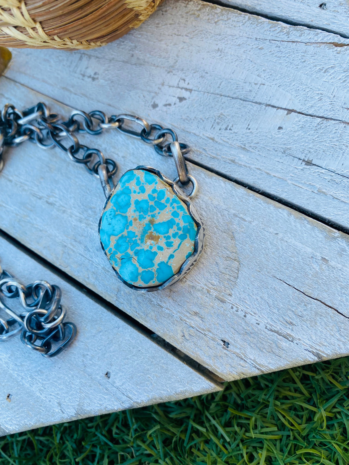 Handcrafted Number 8 Turquoise & Sterling Silver Necklace Signed