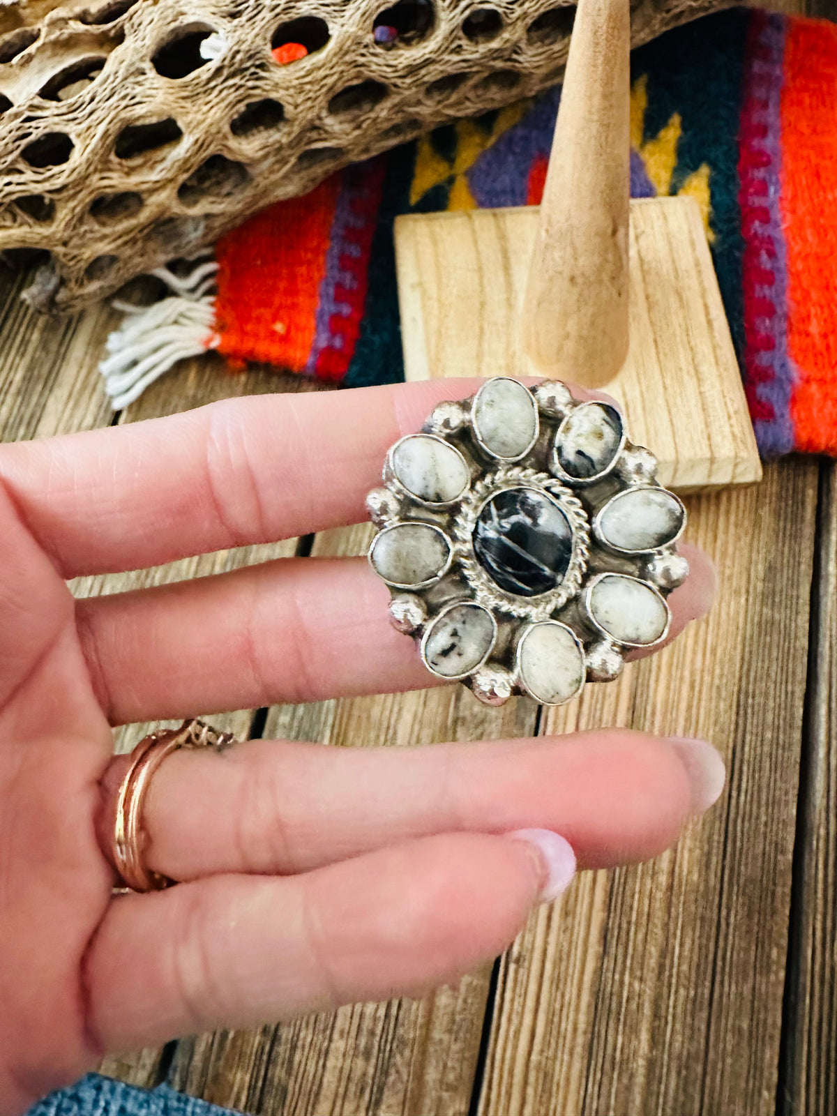 Handcrafted Sterling Silver And White Buffalo Cluster Adjustable Ring