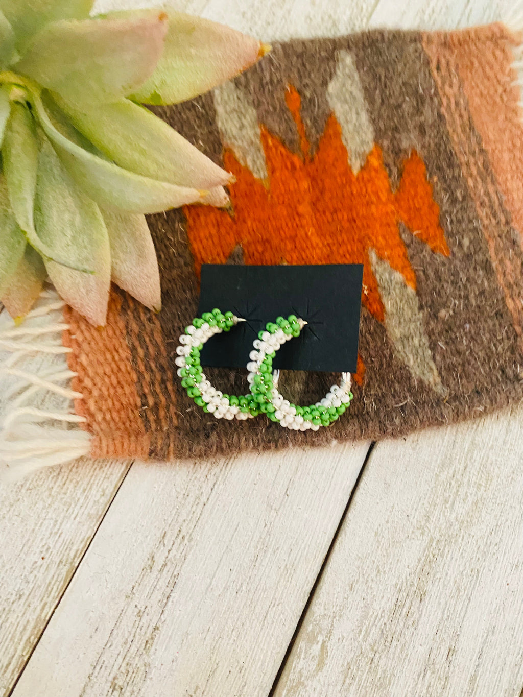 Handcrafted Handmade Beaded Hoop Earrings- green/white