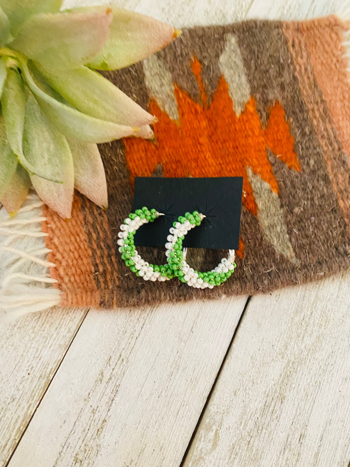 Handcrafted Handmade Beaded Hoop Earrings- green/white