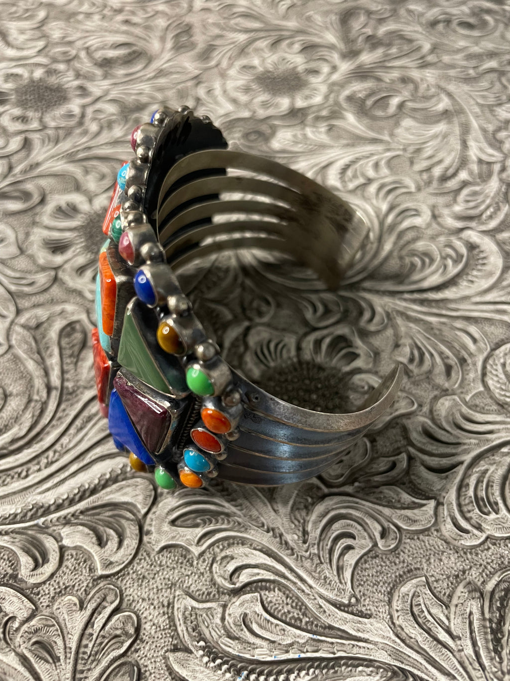 Anthony Skeets Handcrafted Multi Stone & Sterling Silver Cuff Bracelet Signed