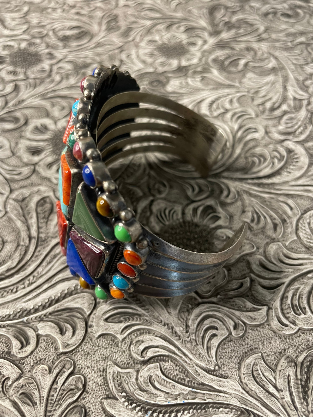 Anthony Skeets Handcrafted Multi Stone & Sterling Silver Cuff Bracelet Signed