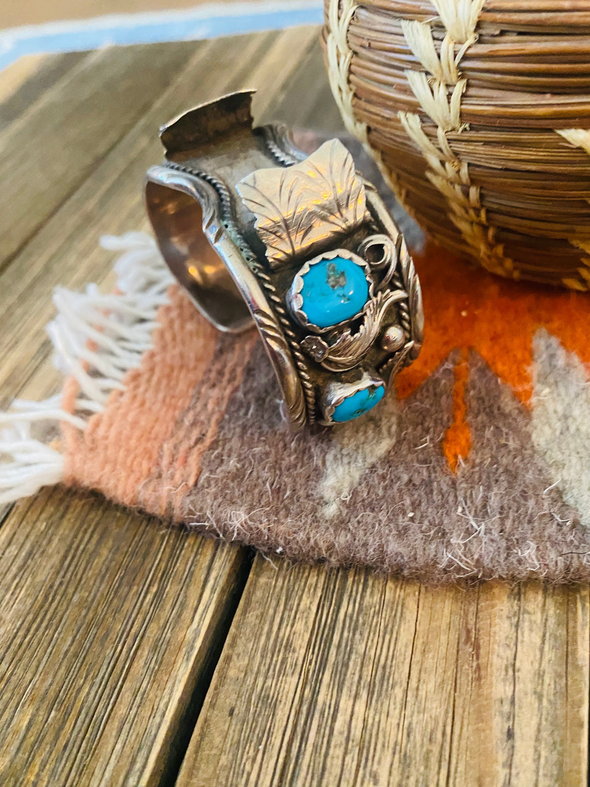Old Pawn Vintage Handcrafted Kingman Turquoise & Sterling Silver Watch Cuff