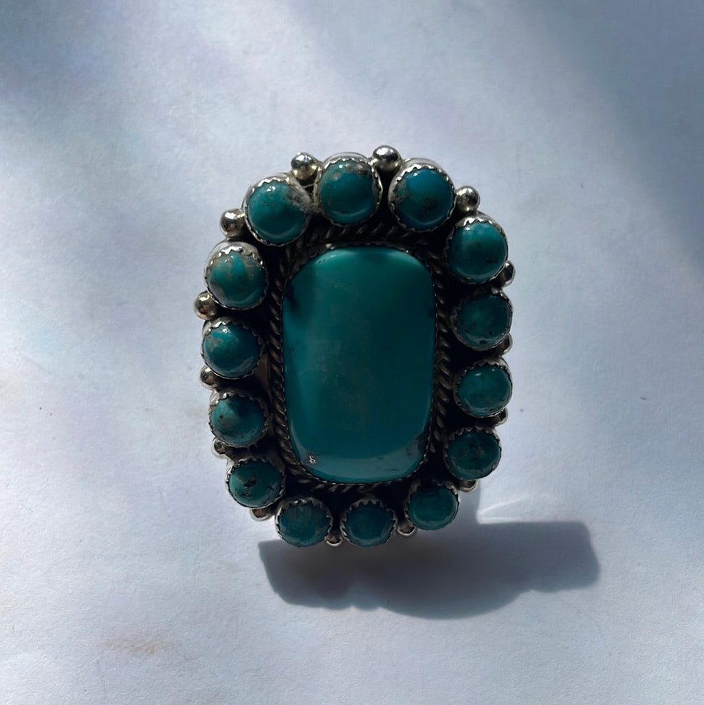 Handcrafted Turquoise & Sterling Silver Ring Size 8.5 Signed Robert Shakey