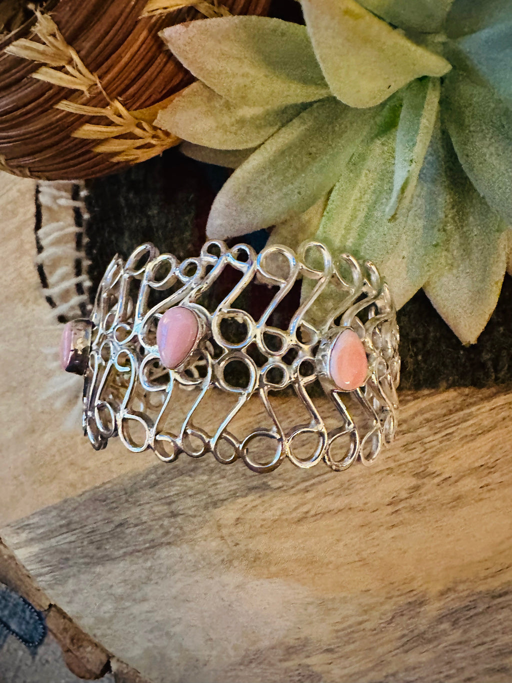 Handcrafted Queen Pink Conch Shell & Sterling Silver Cuff Bracelet