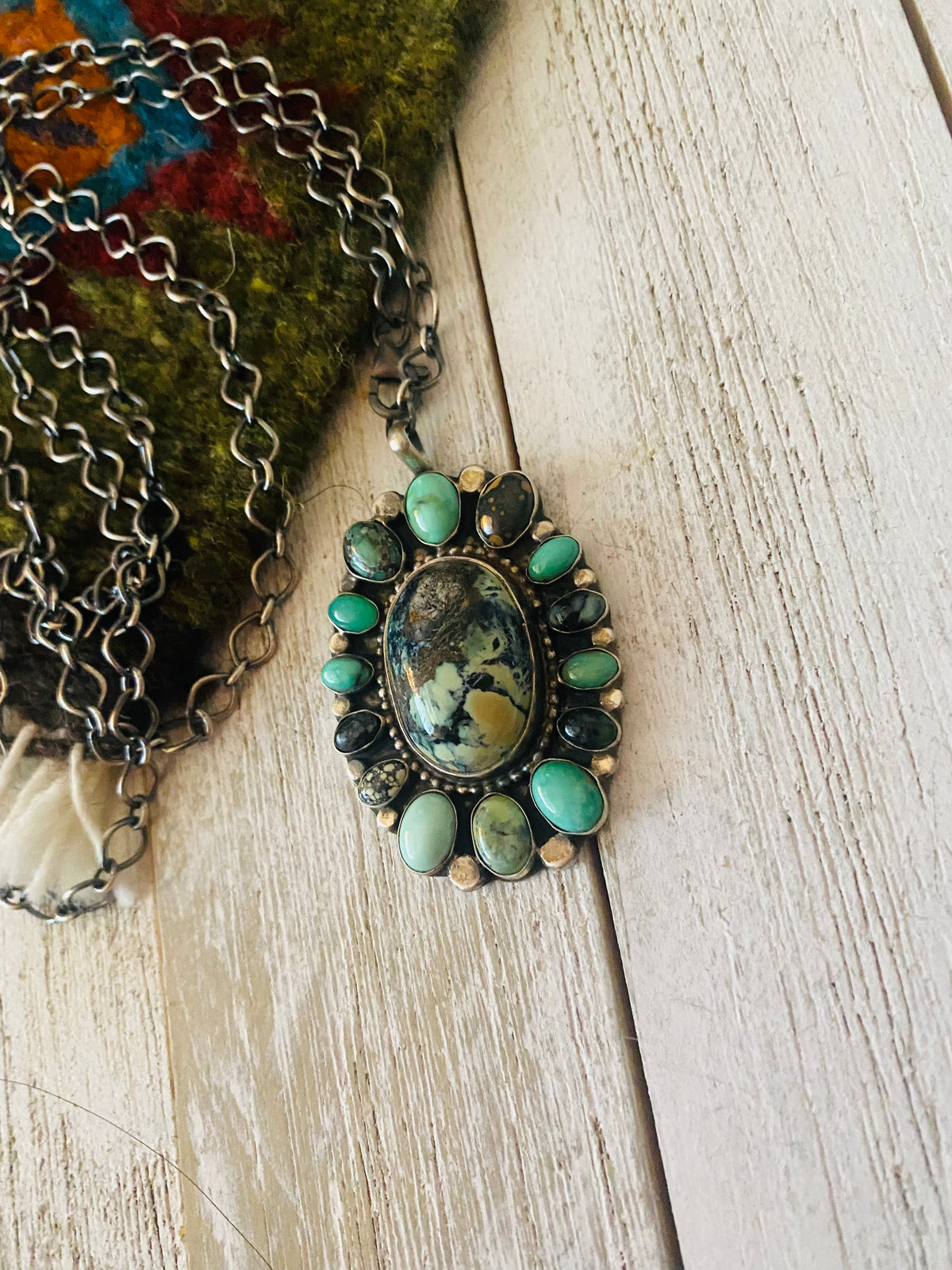 Handcrafted Sterling Silver & Tibetan Turquoise Cluster Necklace