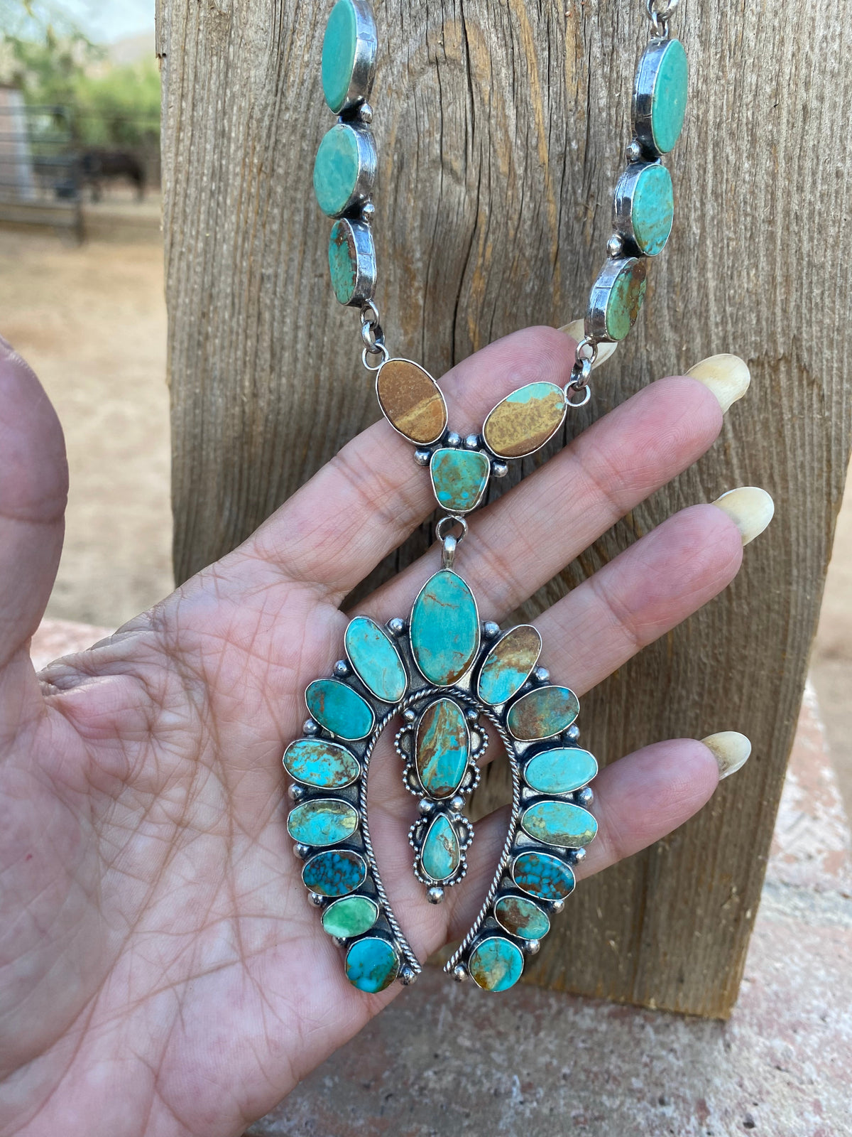 Handcrafted Sterling Silver & Royston Turquoise Drop Necklace Signed