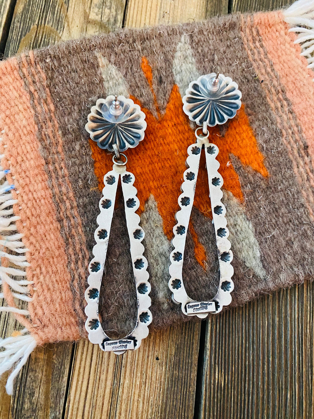 Handcrafted Sterling Silver & Turquoise Concho Dangle Earrings By Eugene Charley