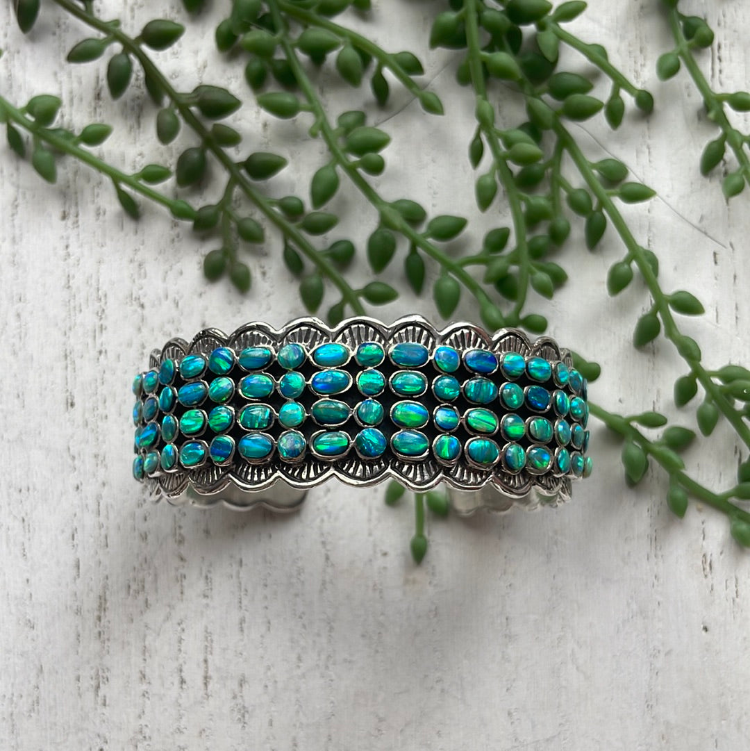 “The 4 Row Cuff” Sterling Silver Blue Fire Opal Cuff Bracelet /