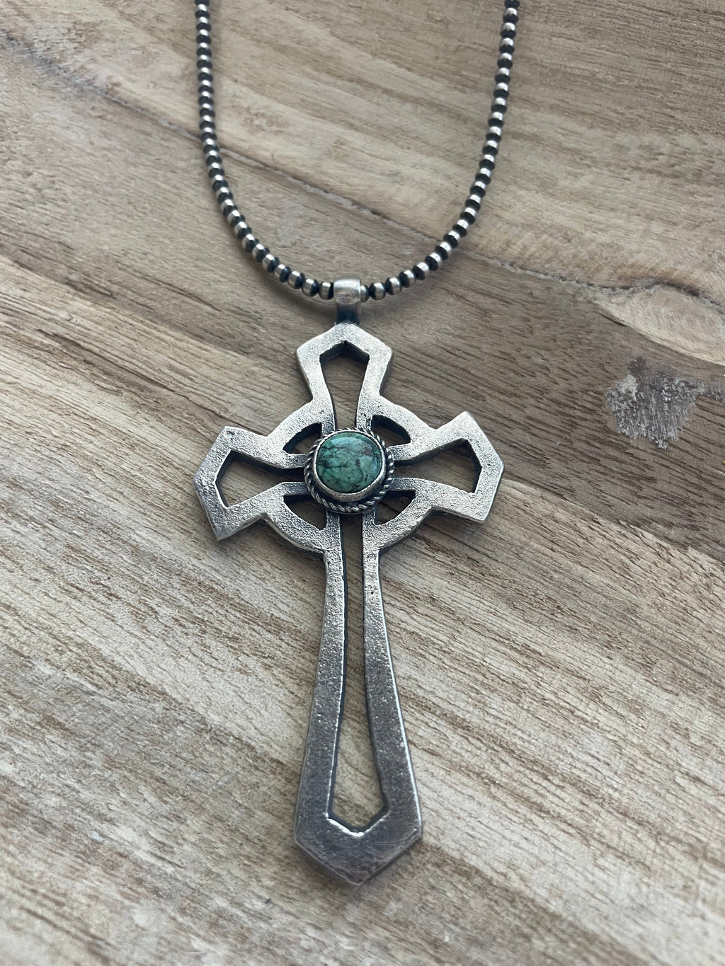 Handcrafted Sterling Silver & Turquoise Cross Pendant Signed Eugene Mitchell