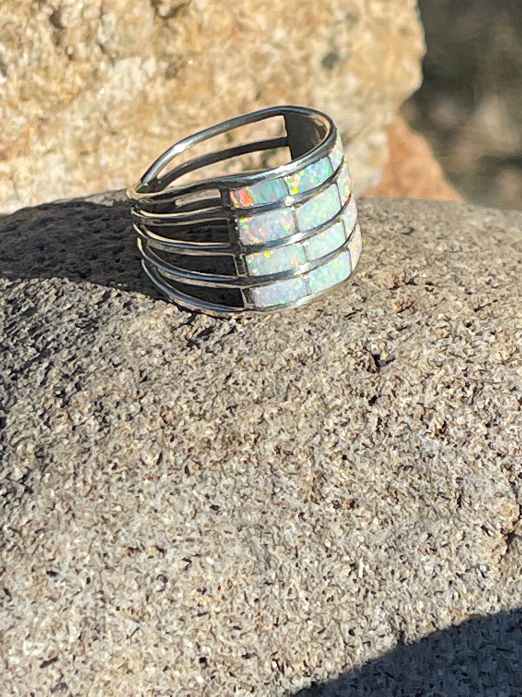 Handcrafted White Fire Opal 4 Row Stacker