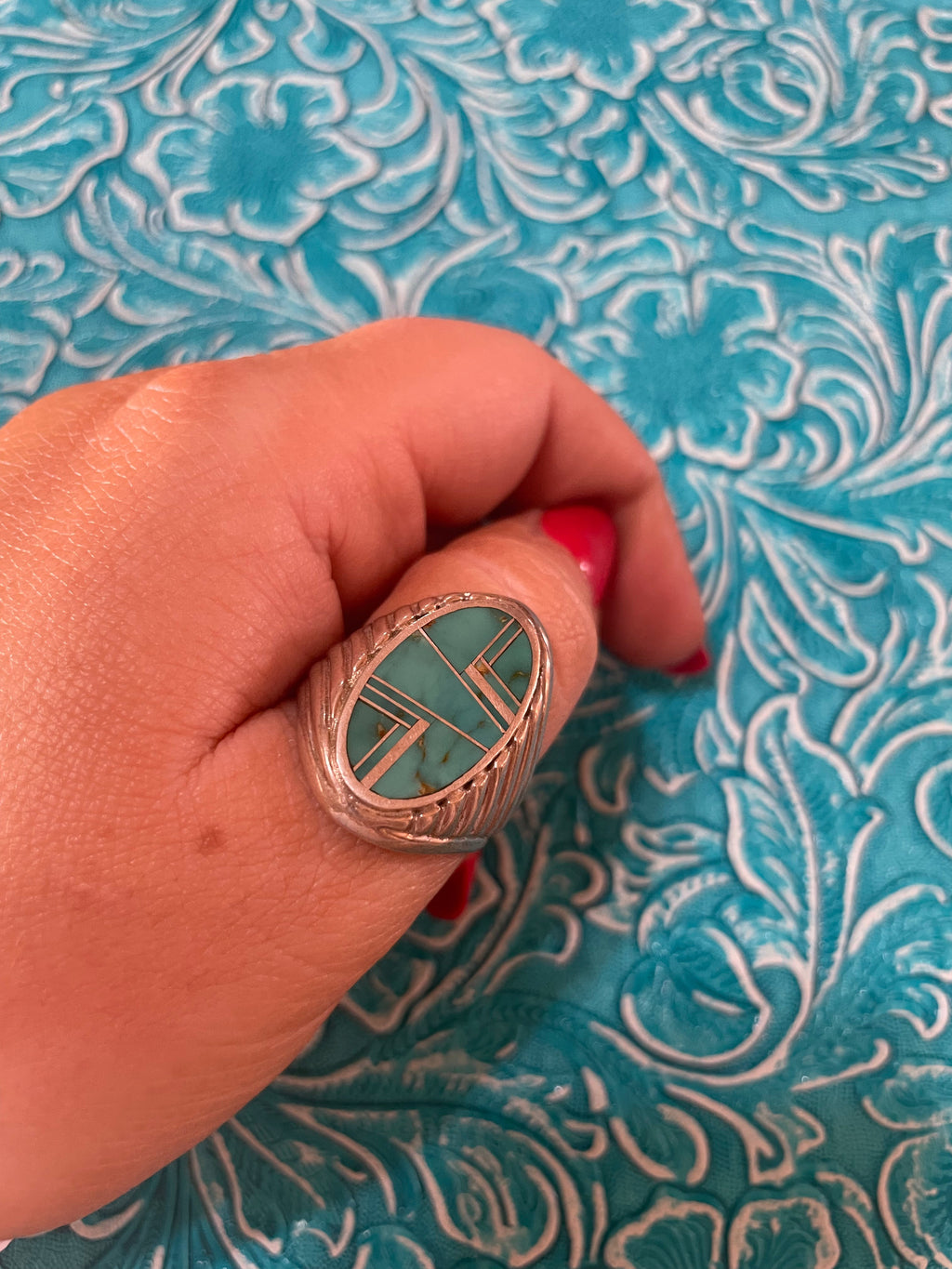 Old Pawn Handcrafted Sterling Silver & Turquoise Inlay Ring Size 11