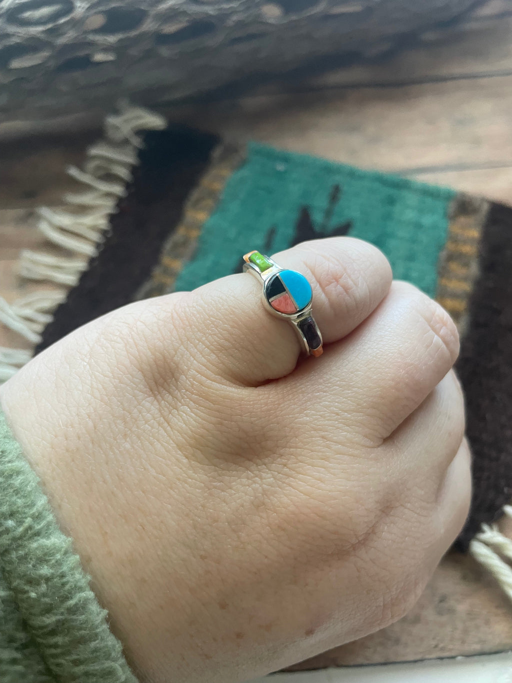 Handcrafted Sterling Silver & Multi Stone Inlay Ring Size 5.5